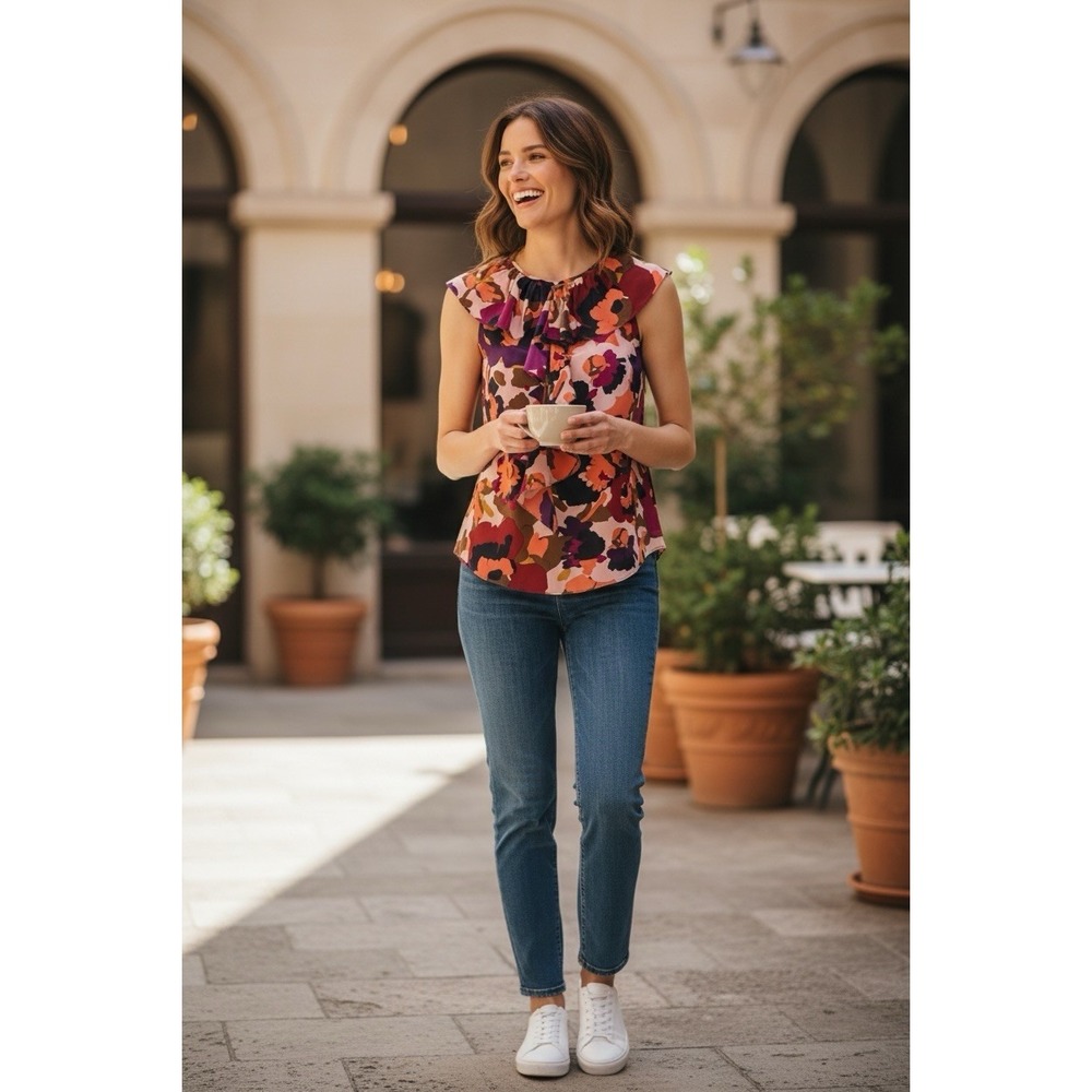 Trina Turk Silk Blouse MacArthur Park‎ Floral Print Sleeveless Career Spring